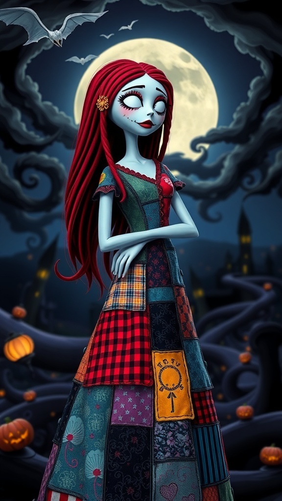 Sally from The Nightmare Before Christmas in her patchwork dress against a gothic Halloween Town backdrop.